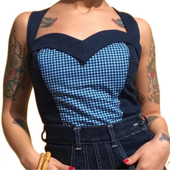 $150 Italian Bustier Small Blue Cup A / B Handcrafted Halter Top Gingham 1950s - Picture 1 of 12